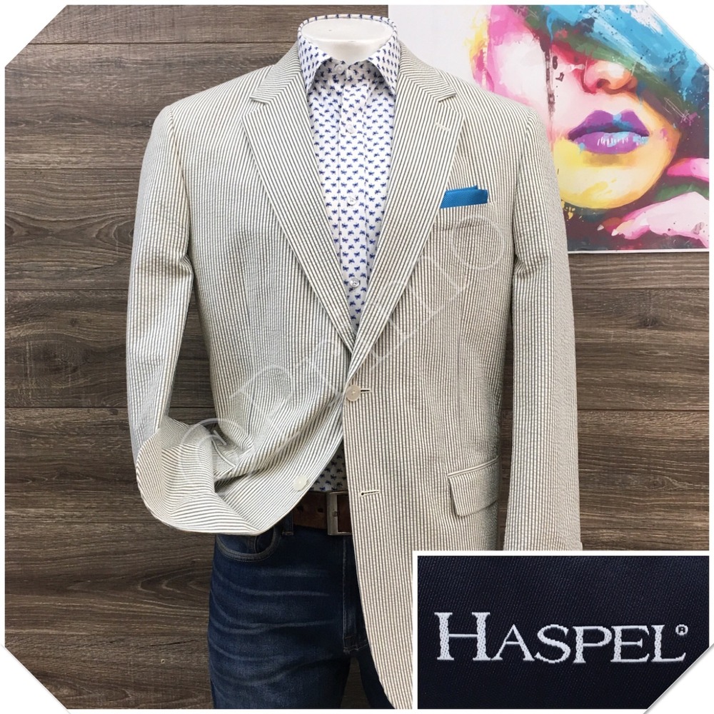 HASPEL Mens Seersucker Blazer Sport Coat Jacket Size 44L Classic Cotton Suit